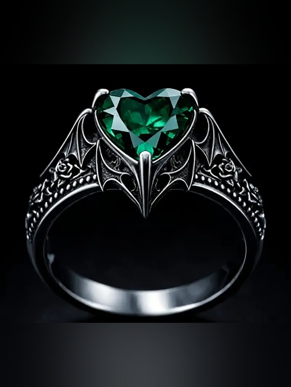 Gothic Green Heart Bat Ring - Silver Tone